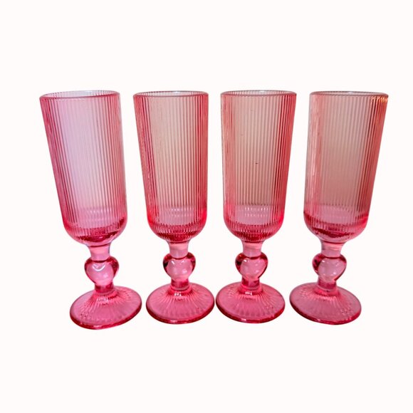 Romantic Ribbed Pink Glass Champagne Flutes Set of 4 Heart Stem Retro Cocktail - Picture 13 of 15